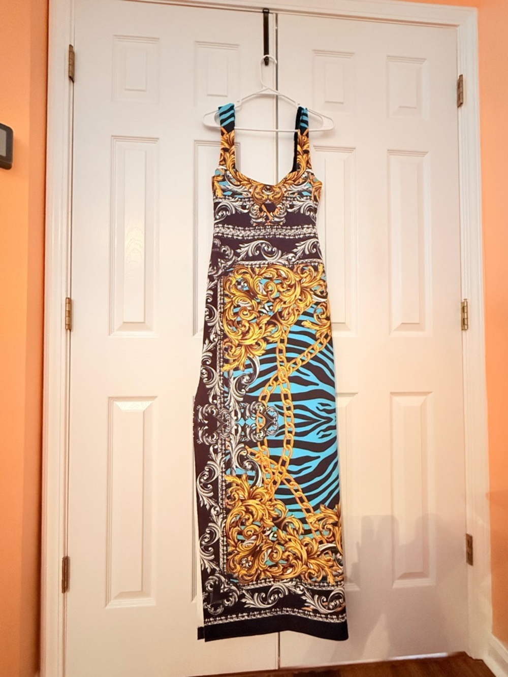 Marciano Turquoise, Black & Gold Chain-Print Sleeveless Maxi Dress - Picture 7 of 9